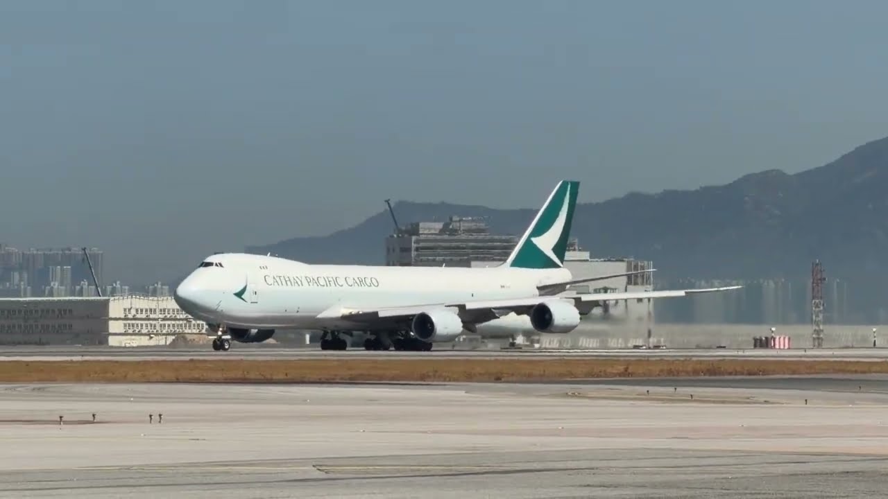 Cathy Boeing B747-8F full power takeoff at Hong Kong International Airport