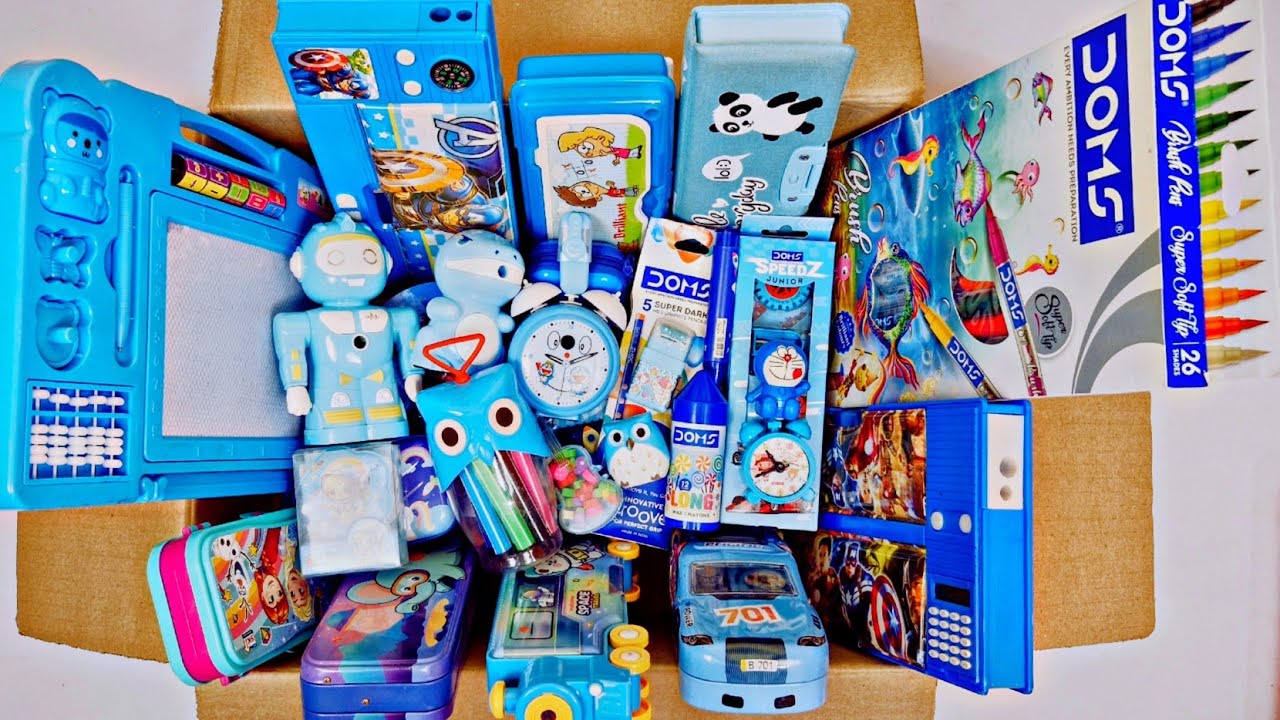 Unboxing blue stationery items - writing board, mini highlighter, brush pens, jumbo pencil box, doms