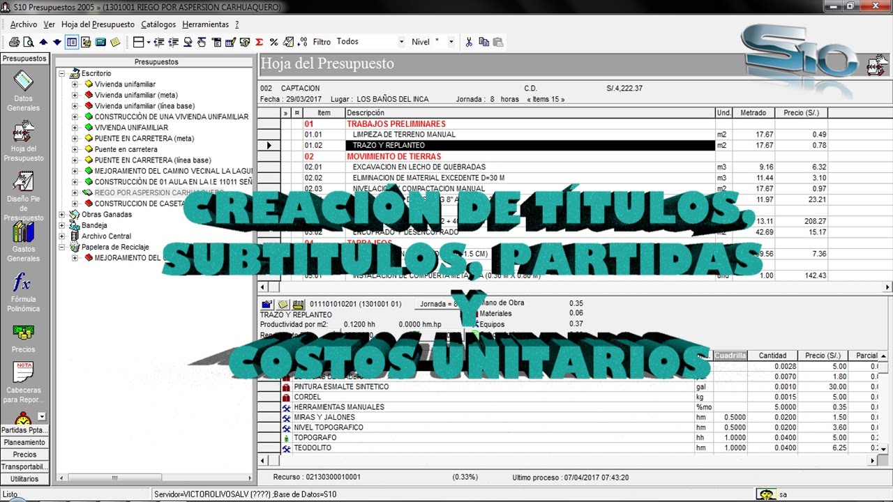 Tutorial N° 03: Creación de Títulos, Partidas y Costos Unitarios - S10 Costos y Presupuestos