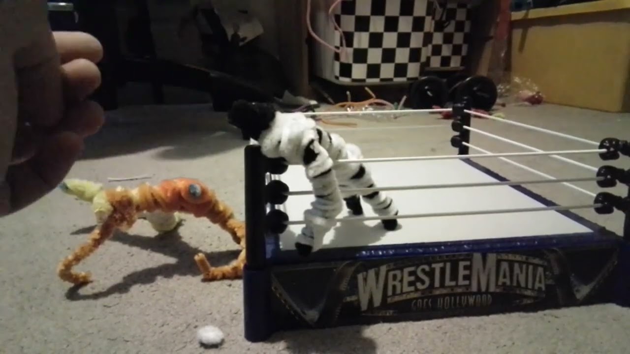 2 figures wrestle in the ring