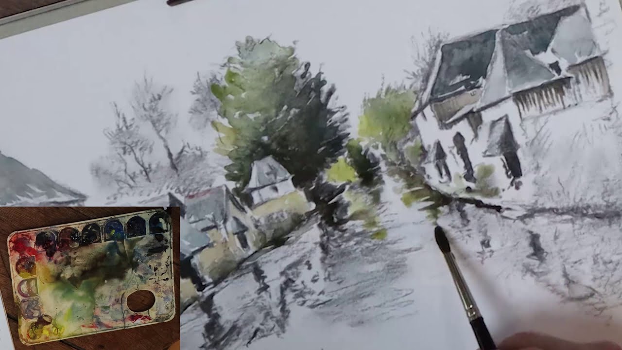 Aquarelle sur un dessin au fusain.