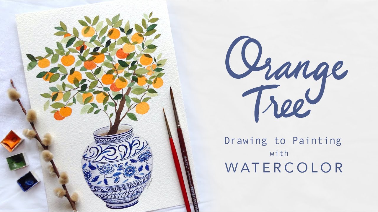 Orange Tree on Chinese Ming Vase: Drawing to Painting in Watercolor