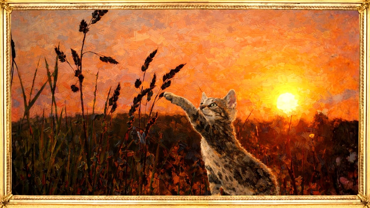 Kitten reaching into the sunset grasses  | TV Frame Screen Saver Oil Painting Impressionism Art