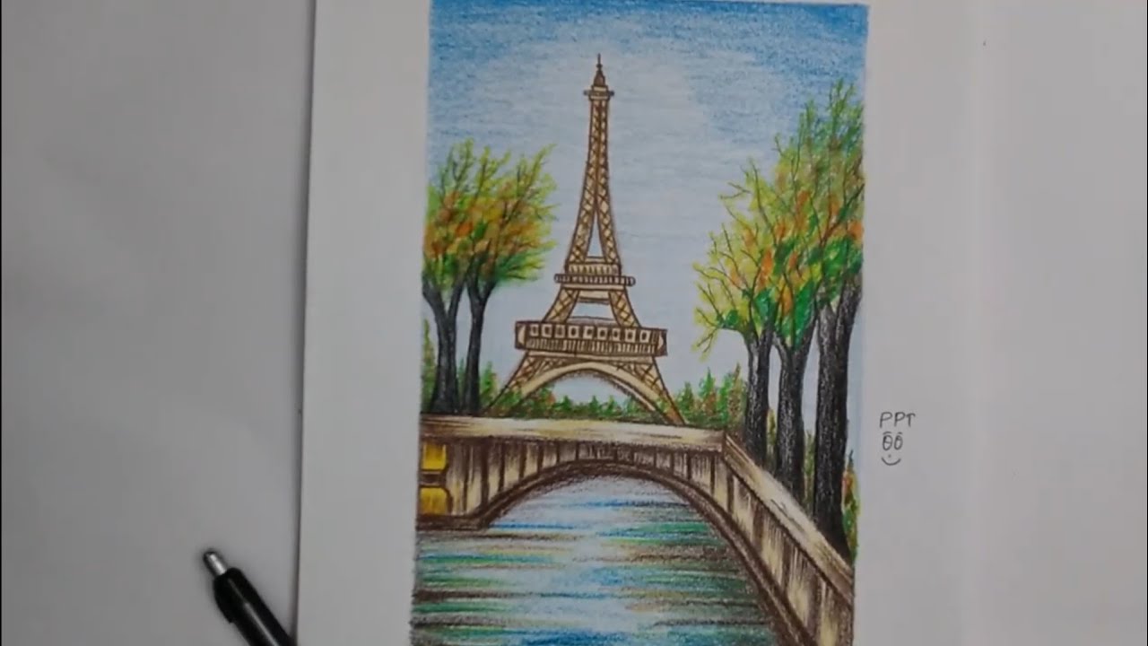 Eiffel Tower drawing / Spring Cherry Blossom with colored pencils #EiffelTower #CherryBlossom