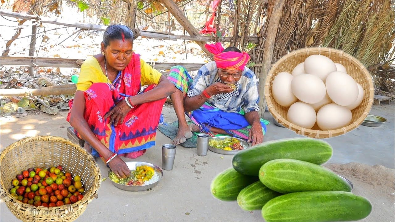 EGG CURRY with Cucumber and Chatni recipe cooking & eating by santali tribe old couple
