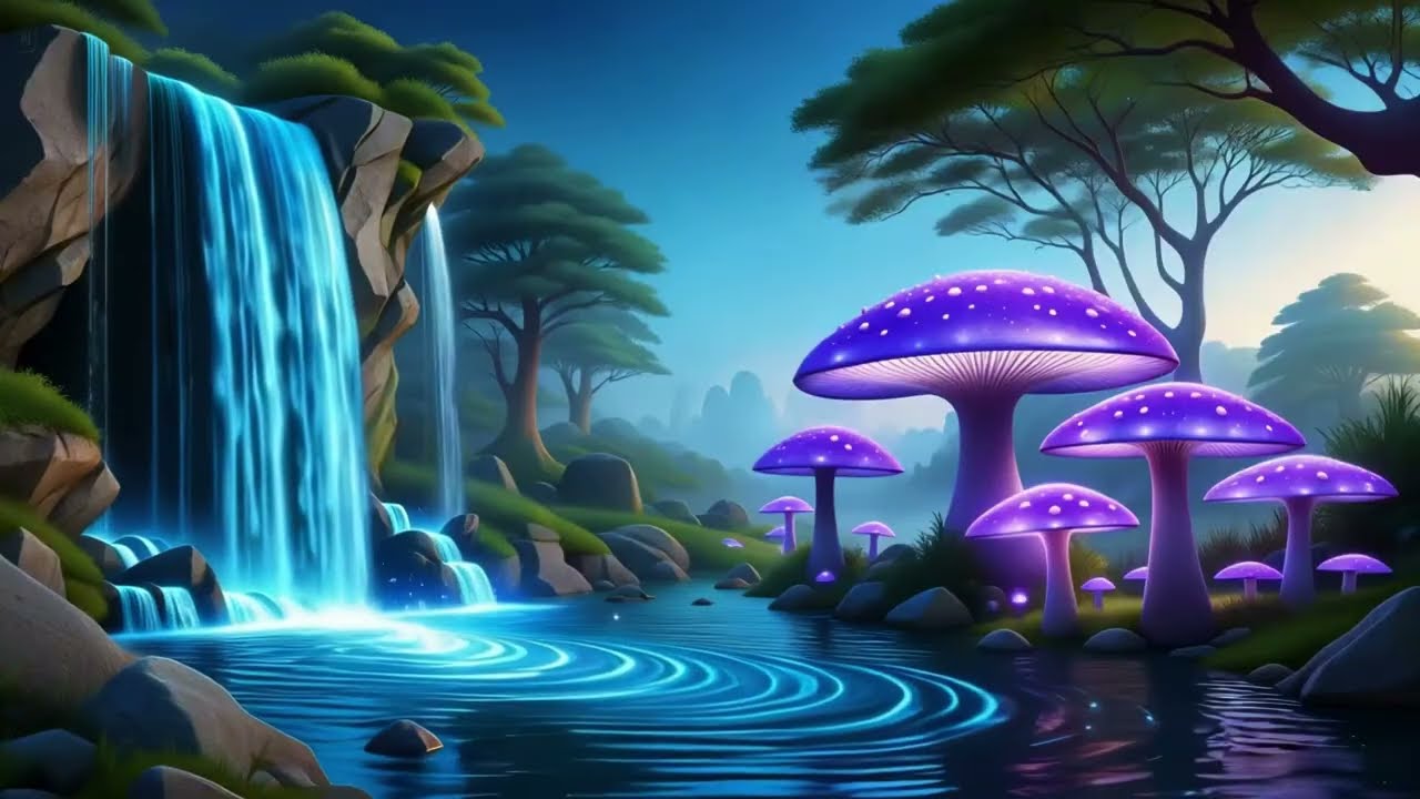 Magical Waterfall & Mushroom Forest 🍄💧 Relaxing Water Sounds with Ambient Music for Deep Sleep