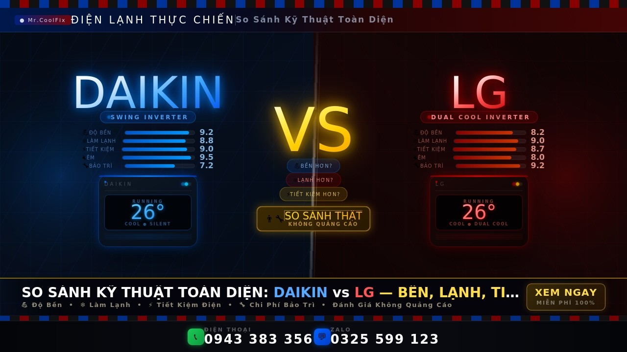 Daikin vs LG: So Sánh Kỹ Thuật Toàn Diện – Bền, Lạnh, Tiết Kiệm Điện Hơn?