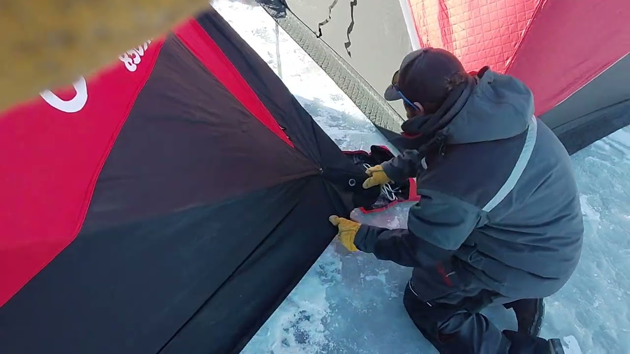 Setting up the Eskimo 850XD ice fishing tent