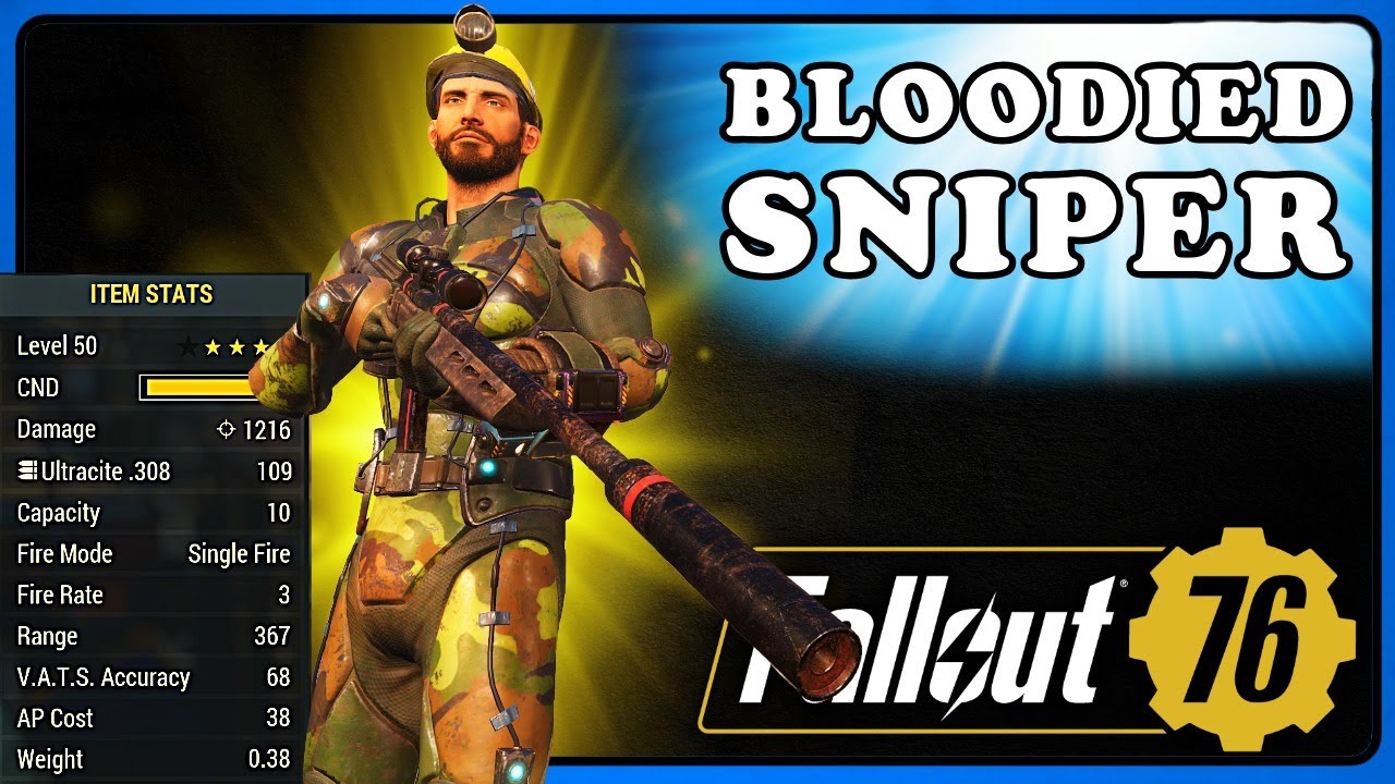 Fallout 76: Bloodied Sniper. One Shot Kill, 10k DMG per Shot. Hunting and Gauss Rifle.