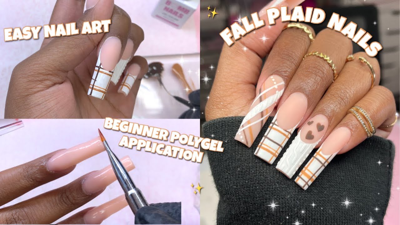 SIMPLE PLAID SWEATER POLYGEL NAILS 🤍🤎 | BEGINNER FRIENDLY FULL POLYGEL APPLICATION | FALL NAIL ART