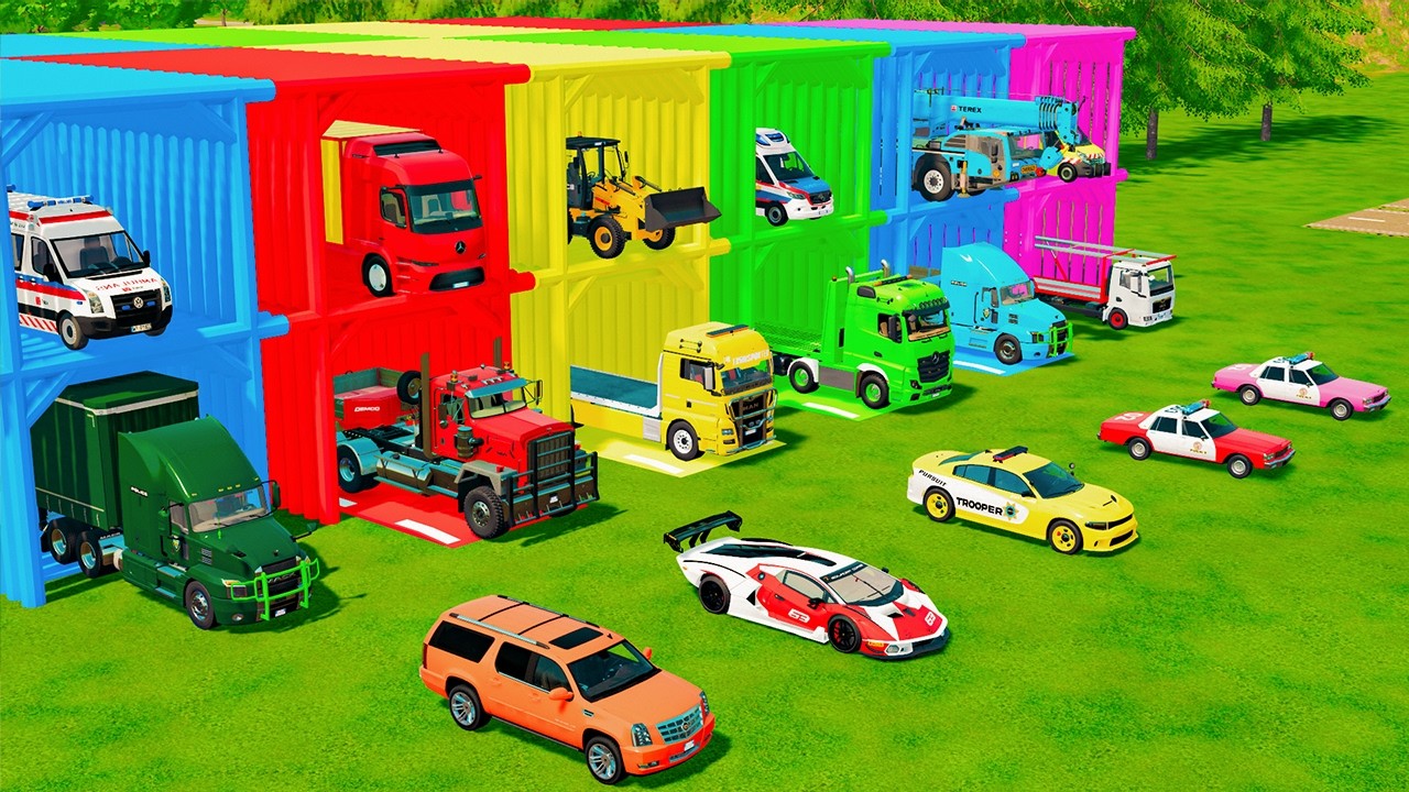 TRANSPORTING ALL POLICE CARS, AMBULANCE, WHEEL LOADER, FIRE TRUCK TO GARAGE - FS22