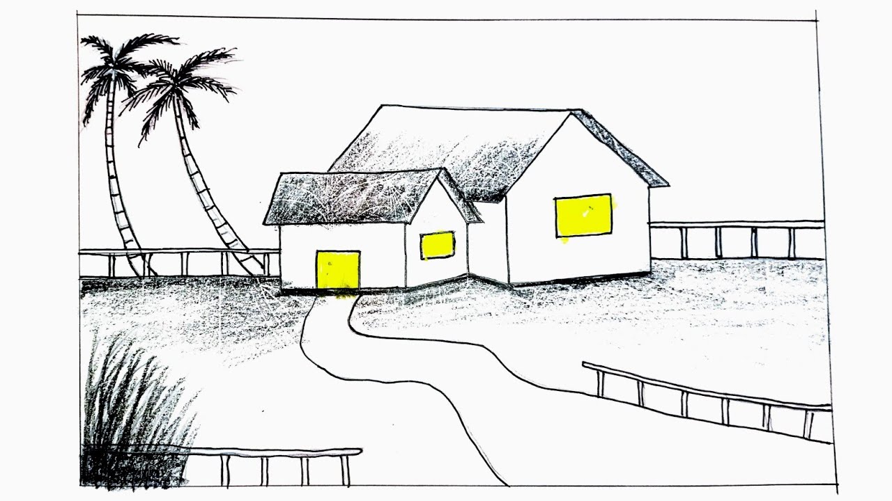 Beautiful Village Hut Drawing with Night Light | Easy Scenery Drawing for Beginners | Sketch Drawing