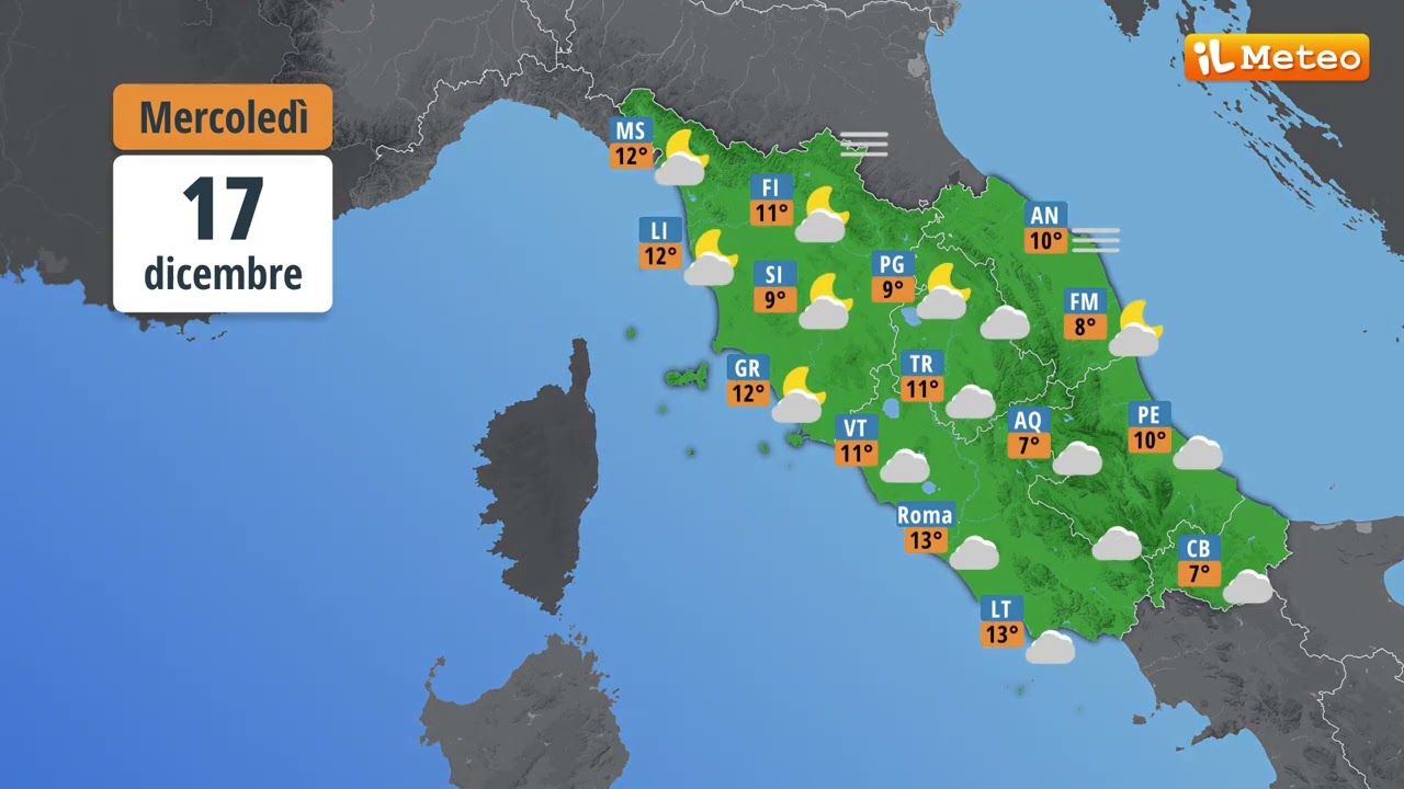 Meteo, previsioni e tendenza meteo Italia Mercoled&igrave; 17 dicembre 2025