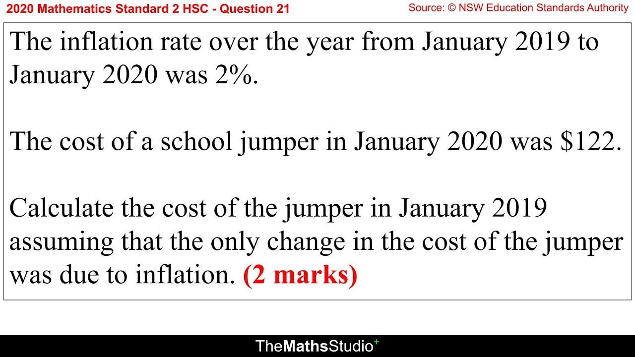 2020 Maths Standard 2 HSC Q21 Find original item cost before inflation is applied