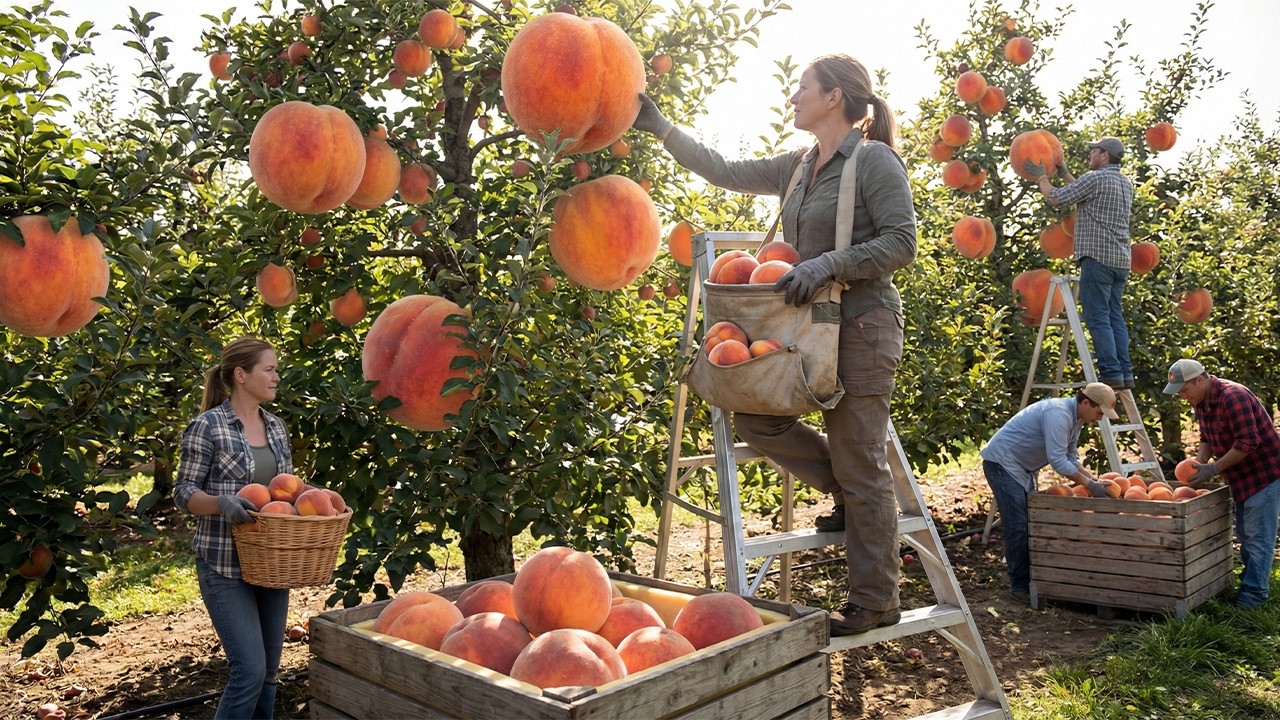 Harvesting 96,000 Giant Peaches Weighing Up to 1.2kg Each | Complete Farm Process