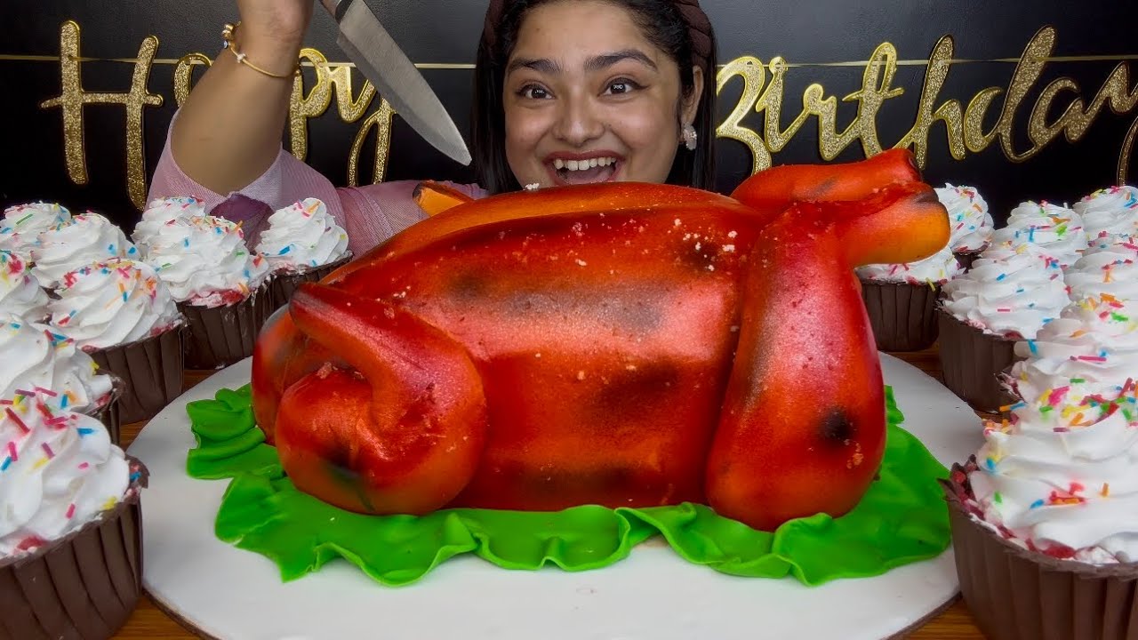 HAPPY BIRTHDAY TO MEEEEE 🤩🎂🥳🎉 ROASTED WHOLE CHICKEN CAKE 🍰 YUMMY RED VELVET CUPCAKES 🧁| ASMR MUKBANG