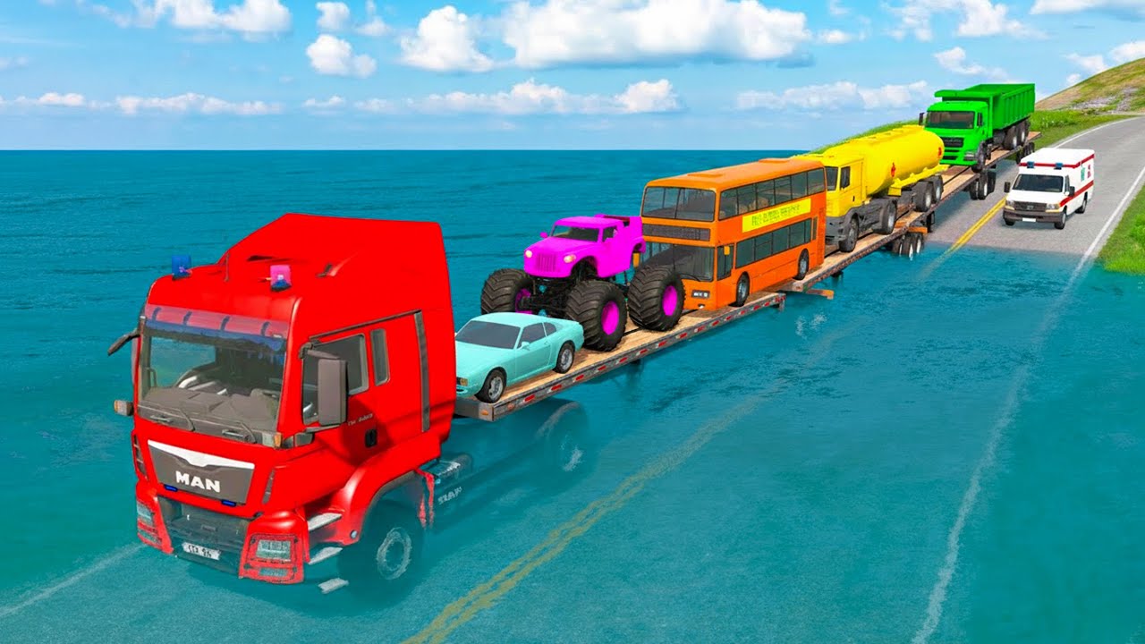 Triple Flatbed Trailer McQueen Transportation with Truck - Speedbumps vs Cars vs Train - BeamNG 
