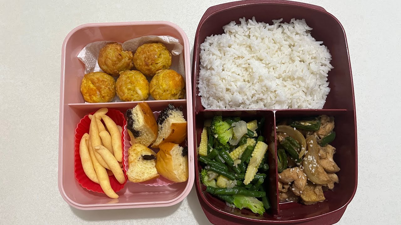 Tumis kacang panjang, bola bola mie telur, ayam teriyaki dan packing bekal