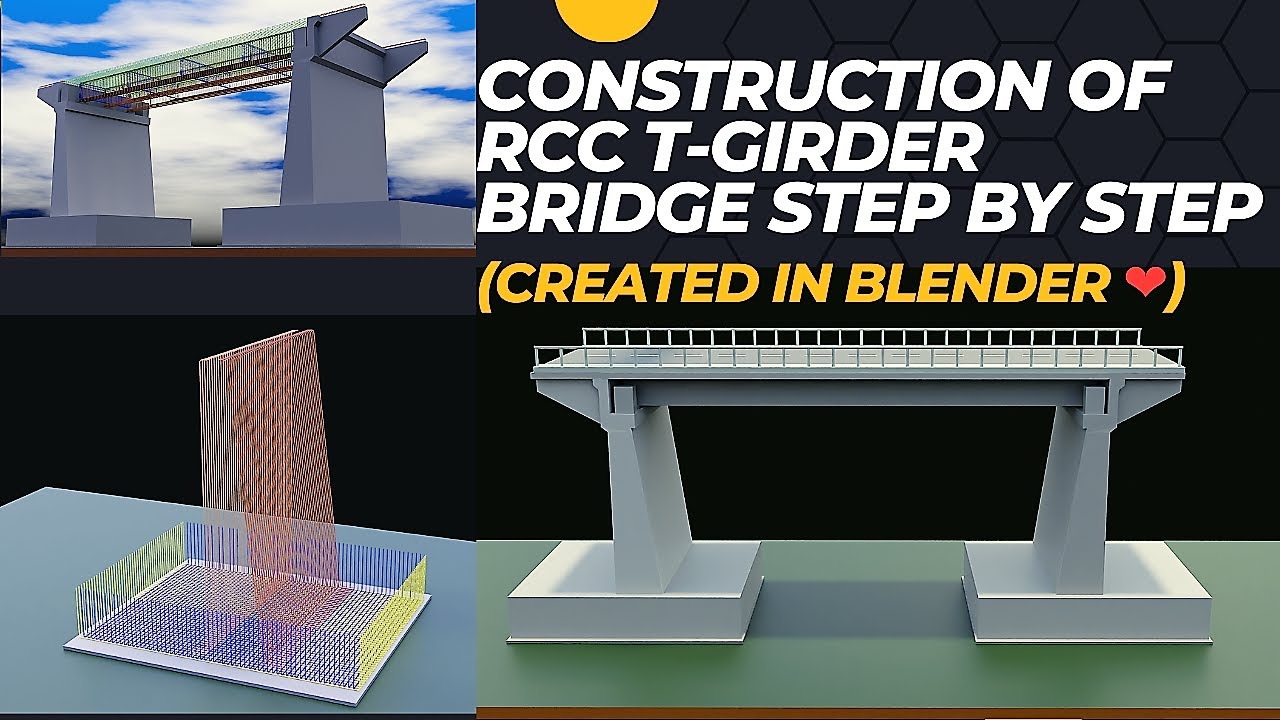 Construction of RCC T-Girder Bridge step by step ( Created in Blender) || Construction of Bridge