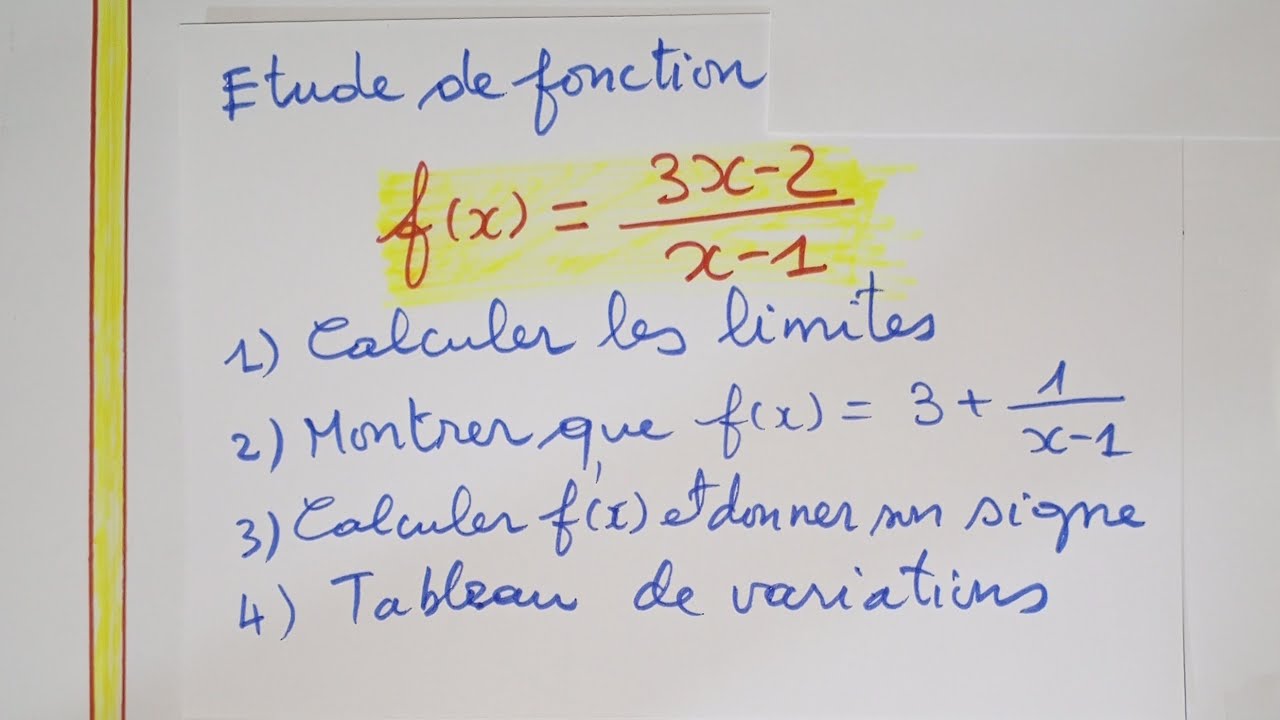 ♦️♦️ Étude de  FONCTION HOMOGRAPHIQUE/Rationnelle  DÉRIVÉE TABLEAU DE VARIATION f(X)=3x-2/x-1 courbe