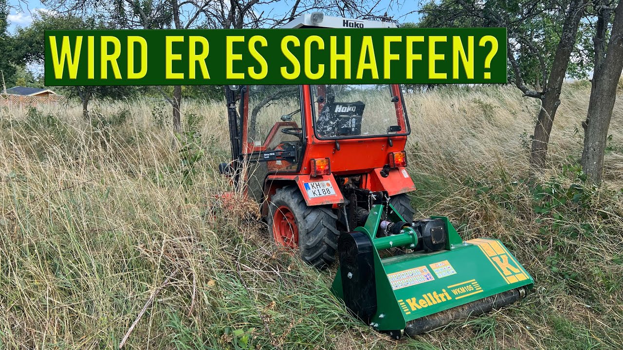 Test Schlegelmulcher am Schmalspurschlepper Hakotrac 2750 DA mit Kellfri WKM105 Mulcher für Traktor