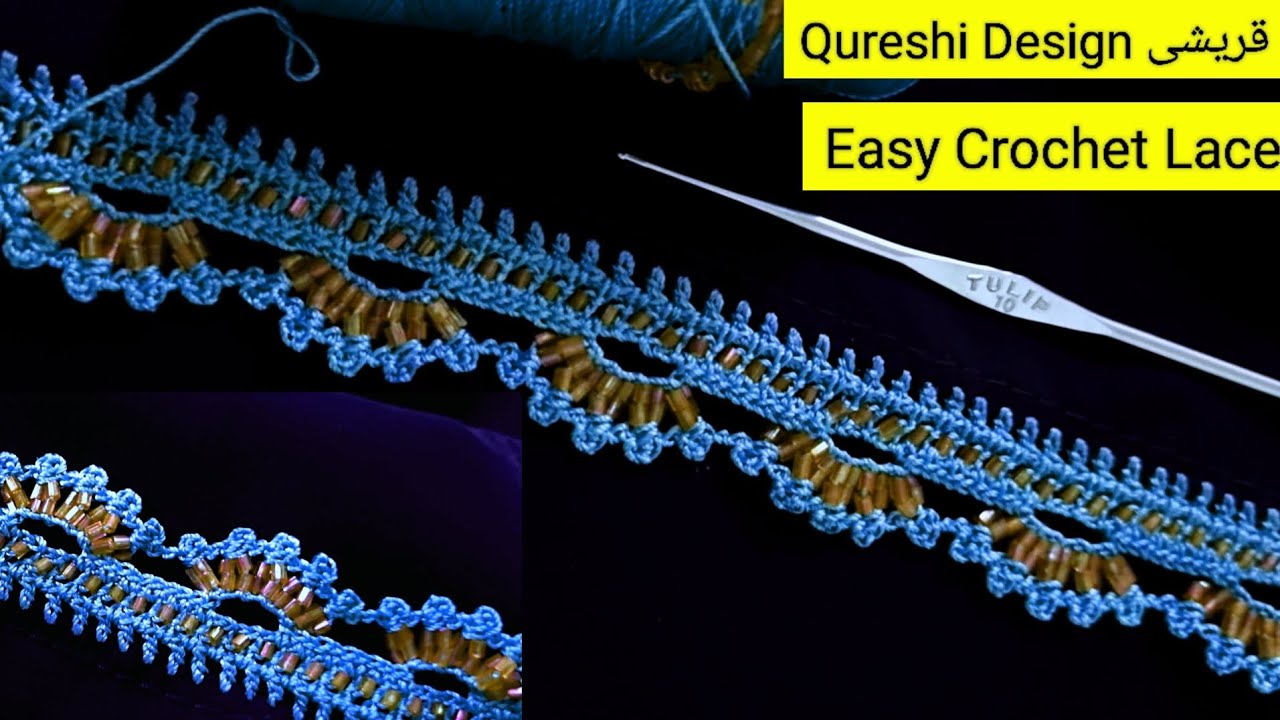 Easy Crochet Dupatta Lace 💛 Irani Balochi Qureshi | Beginners Crochet | Beads Work 