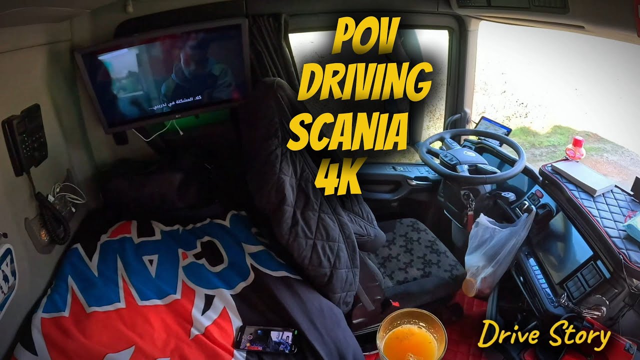 POV Driving Scania truck Mike jus d’orange watching Tv تحضير عصير البرتقال في الشاحنة