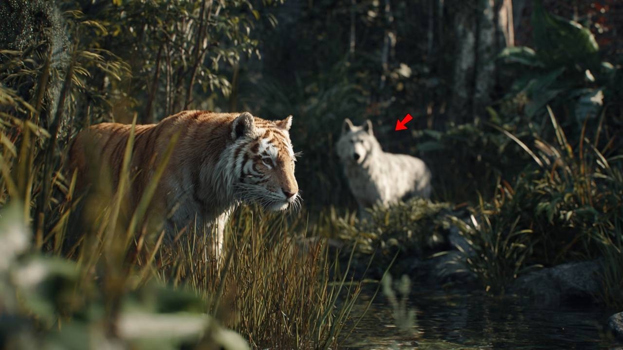 Un lobo ártico invadió la selva y se cruzó con un tigre. Un encuentro improbable.