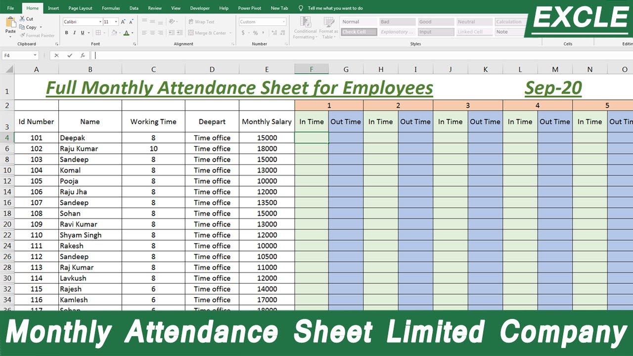 Monthly Attendance sheet for Limited Company employees Advance Formula