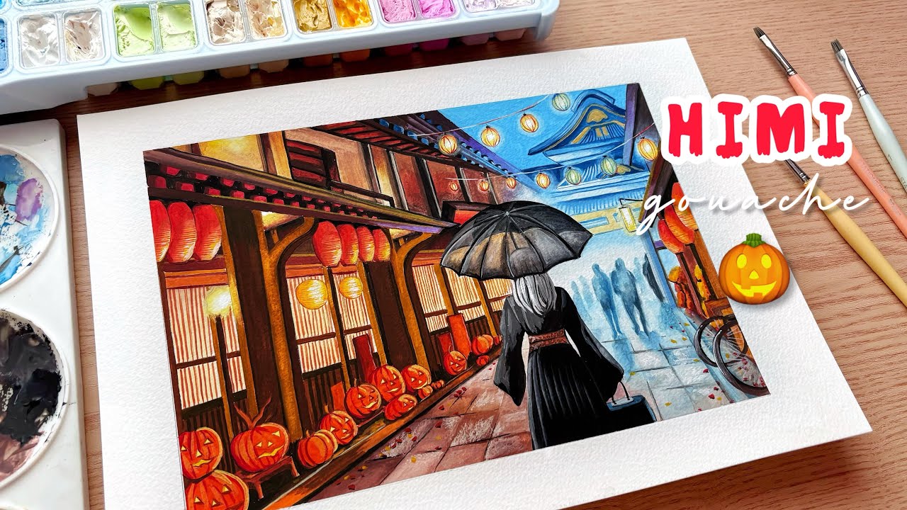 Japanese street🏮 inspired Halloween painting 🎃with Himi jelly gouache / 112 colors / paint with me 🎨