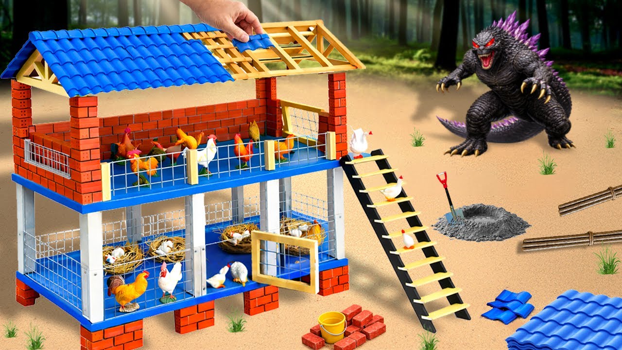 Godzilla Kills Chicks | DIY Mini Tractor Builds a 2-Story Brick Chicken Coop with Protective Mesh