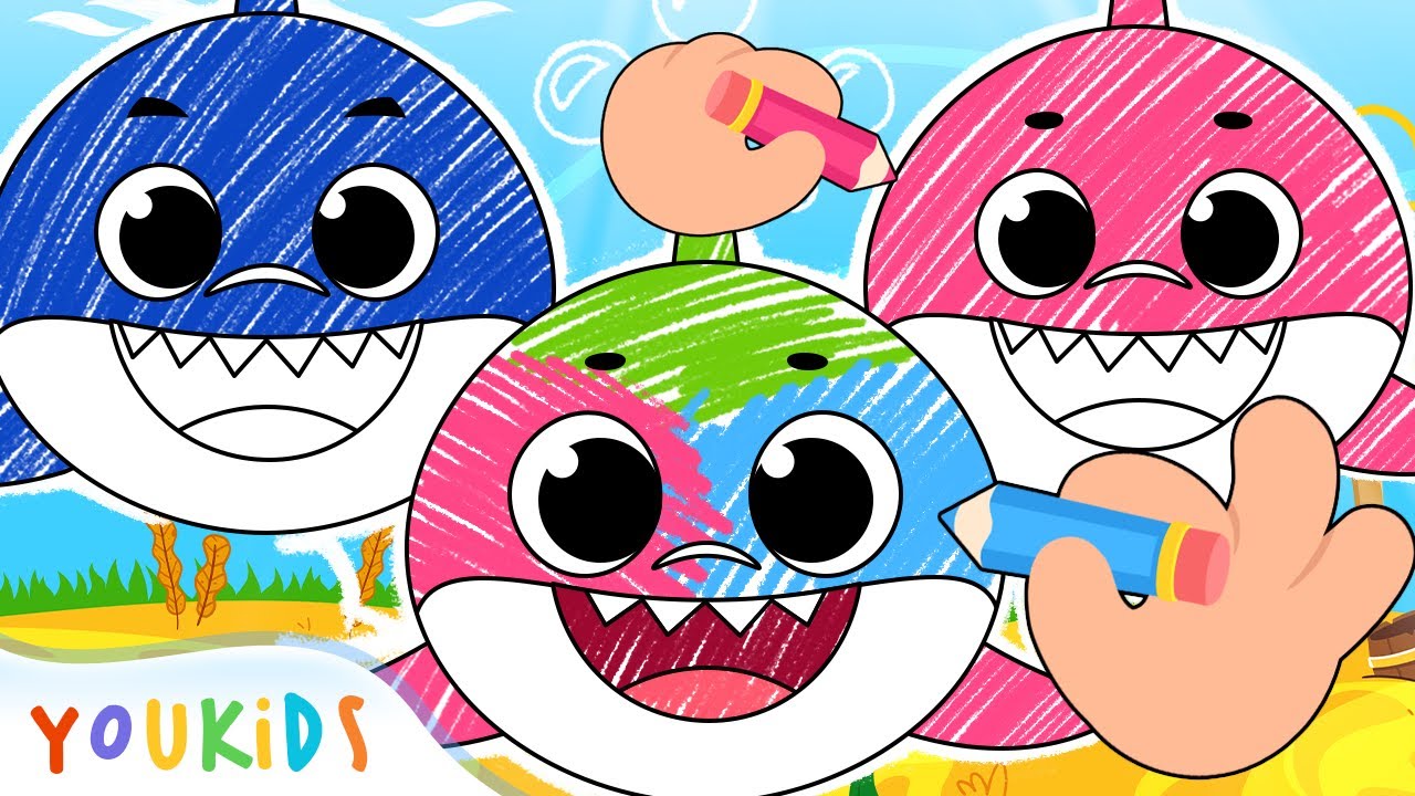 Раскраска Baby Shark 🔵🔴🟢🟡 Детские стишки и песенки YouKids