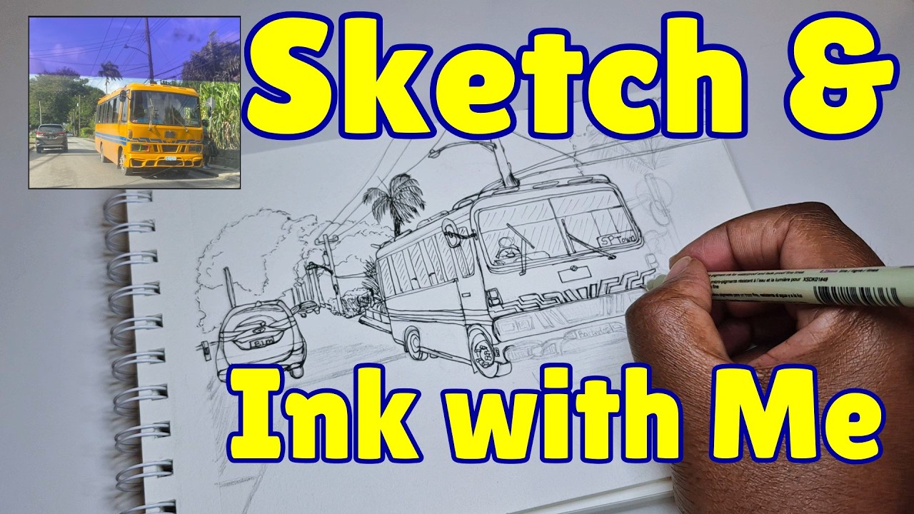 Sketch & Ink with Me: 🖌️🚌⭐🔷 Island Cruiser: Yellow & Blue on Barbados Streets✨🚍⭐🔷🎨