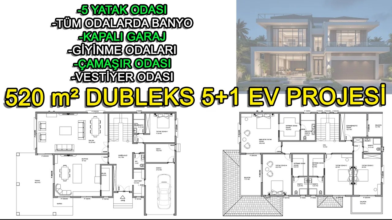520 M2 5+1 DUBLEKS EV PROJESİ İNCELEME.