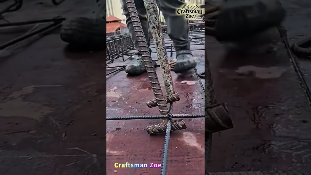 Workers use tools to bend threaded steel bars at construction sites