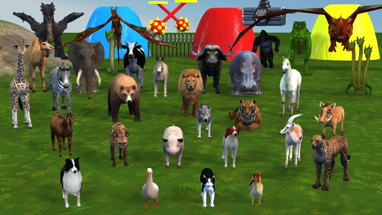 Lion Tiger T-Rex Gorilla Cow and other Wild Animals Crossing the Fountain and Escaping