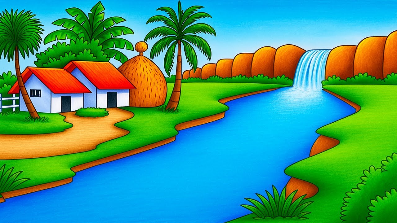 How to Draw Easy Village Scenery | Beautiful River & Waterfall Drawing Step by Step