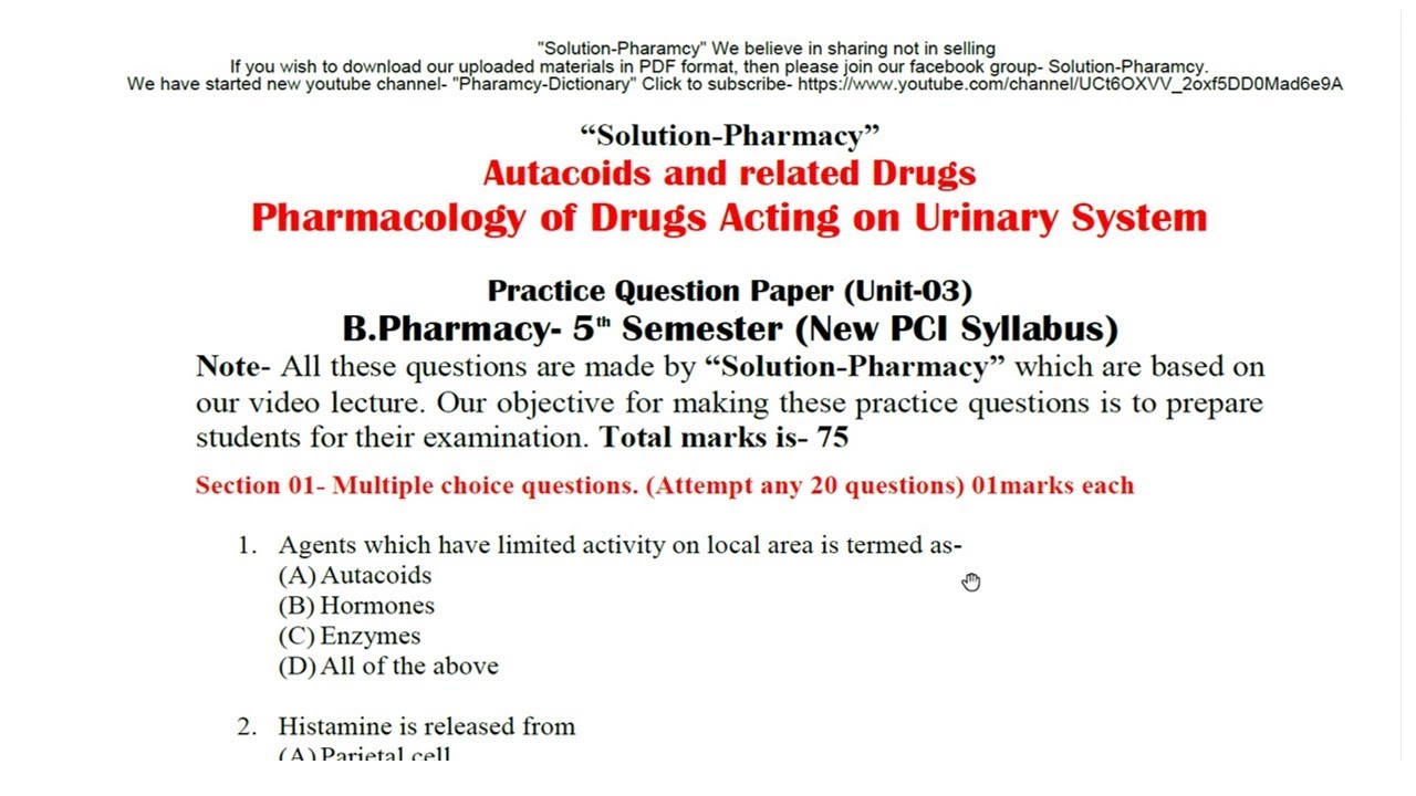 Pharmacology Model Question Paper (Unit 03) | Autacoids & Related Drug | B.Pharmacy 5th Semester
