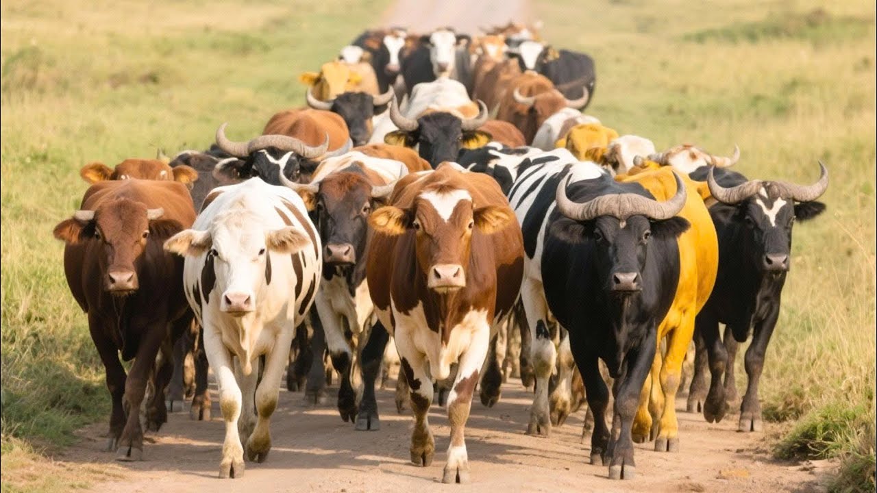 Buffaloes and cows graze on the golden grass field- The sound of cows mooing - Video buffaloes, cows