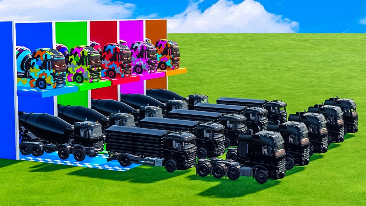 COLORFUL BOX GARAGE - TRANSPORTING, BLACK MIXER TRUCK, SCANIA, MERCEDES BENZ, VOLVO - FS22