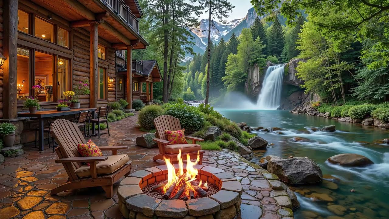 Relaxing Cozy Lakeside Moring 🌿 Forest Cabin, Fire Crackle & Birds - Happy Spring Morning Piano