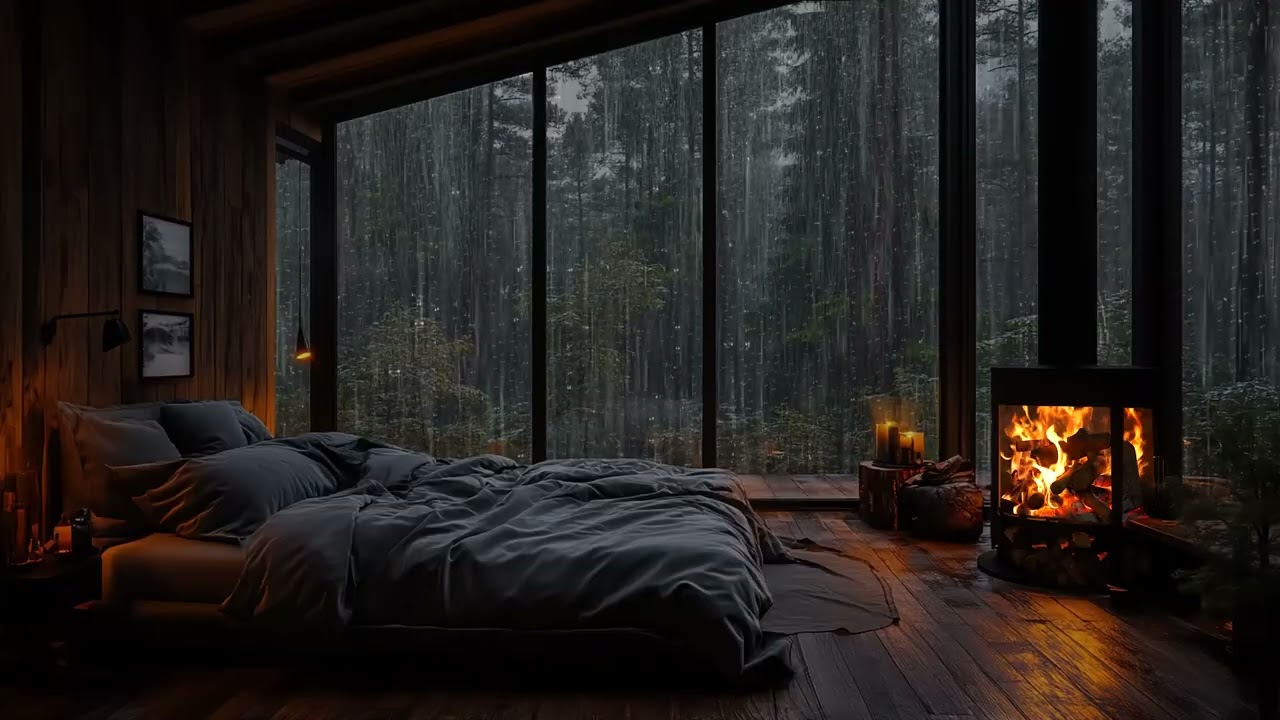 Peaceful Rain and Fireplace Ambience in a Quiet Forest Cabin for  Deep Sleep and Relaxation
