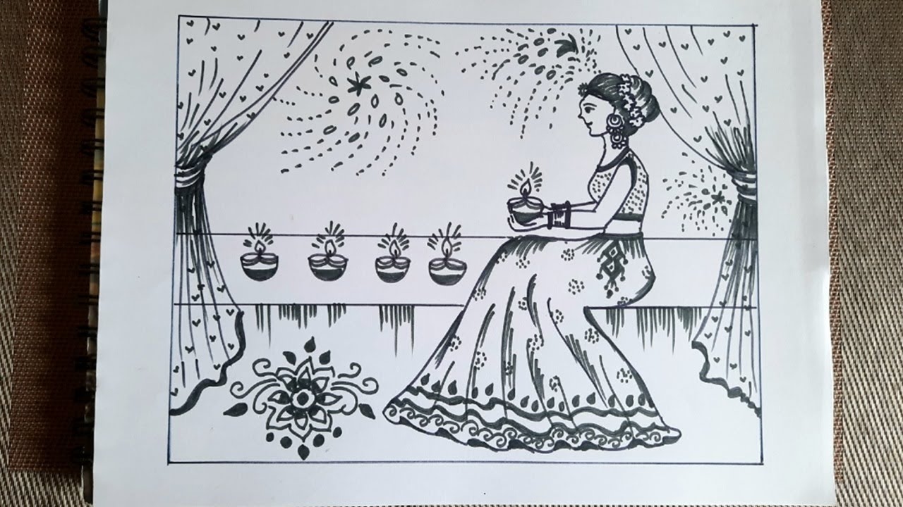 Diwali drawing | Diwali ki drawing | How to draw a girl holding diwali diya traditional dress