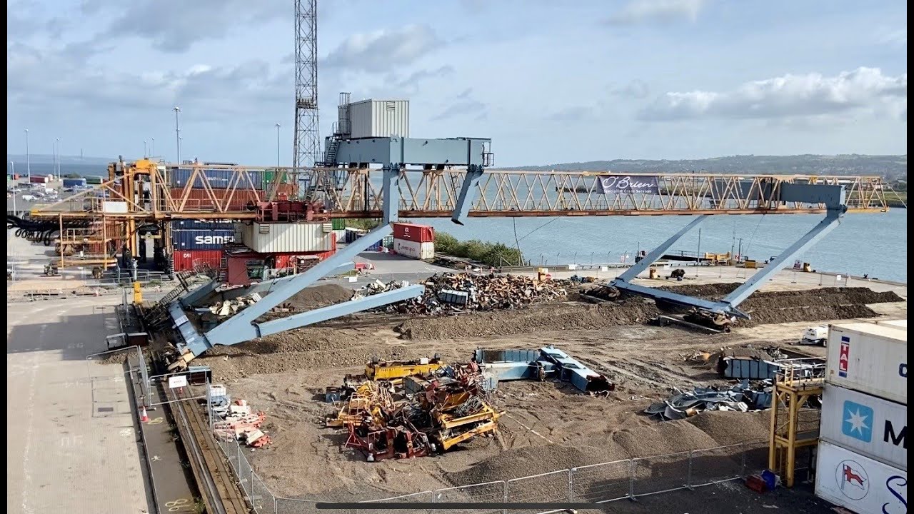 RMG Container Crane Demolition By Way of Controlled Collapse - Belfast Harbour, Northern Ireland