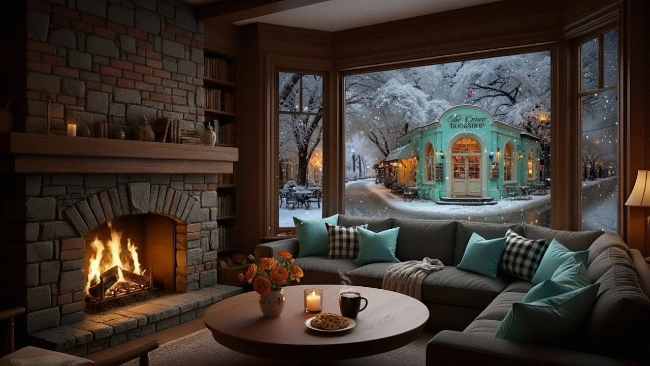 Winter Jazz ☕ Cozy Fireplace & Snowy Coffee Shop for Study & Work