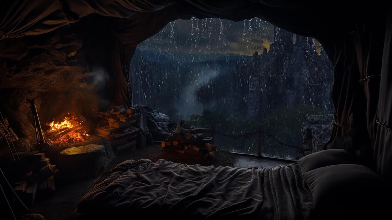 Shelter from the Storm 🌧️ Find Comfort by the Fire in a Rain-Soaked Forest Cave 🔥 Peaceful Ambience