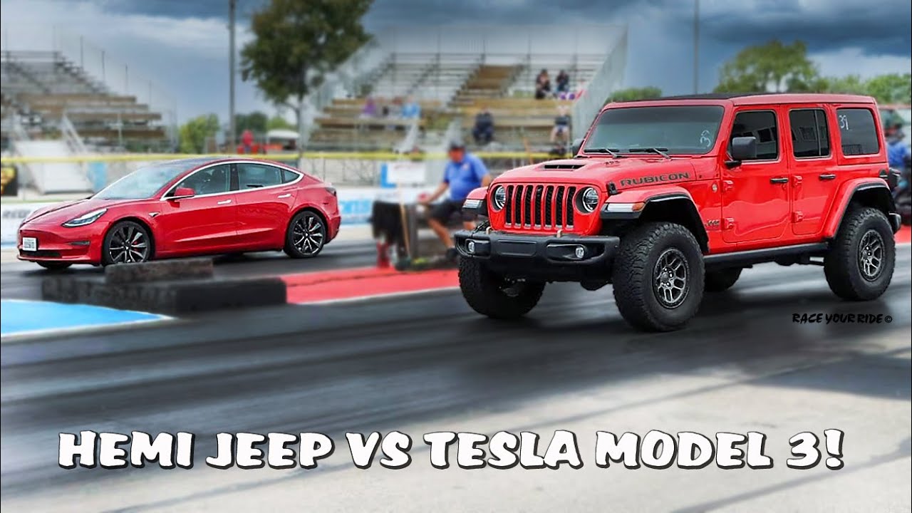 NEW HEMI POWERED RUBICON JEEP RACES TESLA MODEL 3 PLUS CADILLAC CTS-V WAGON! QUICKEST FACTORY JEEP!