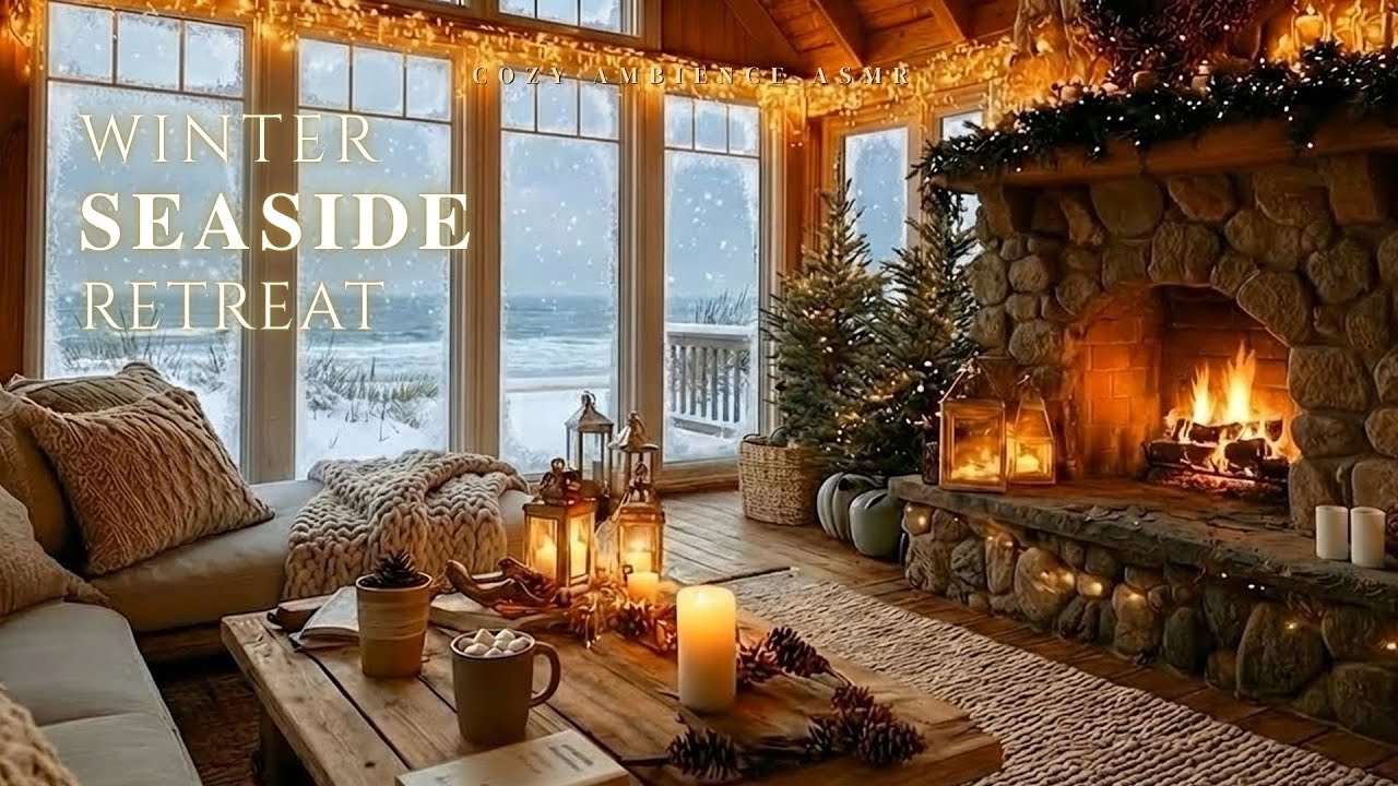 Winter Seaside Retreat ❄️ Fire Crackle, Snowfall & Ocean Waves for Calm and Tranquility