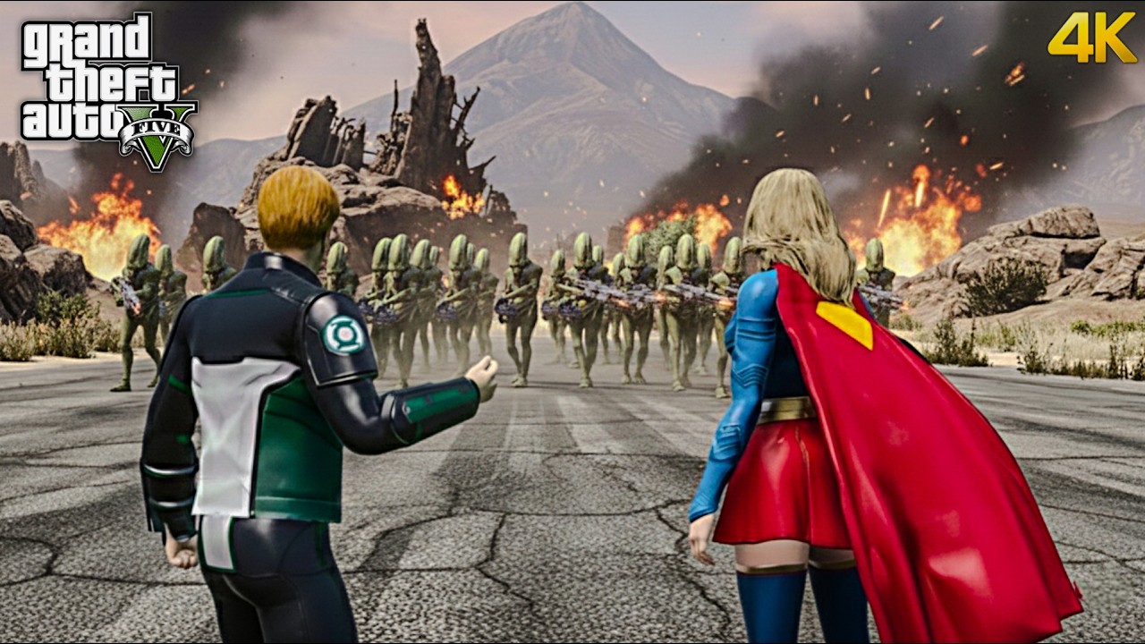 GTA 5 - Supergirl & Green Lantern (Guy Gardner) VS Aliens of Apokolips