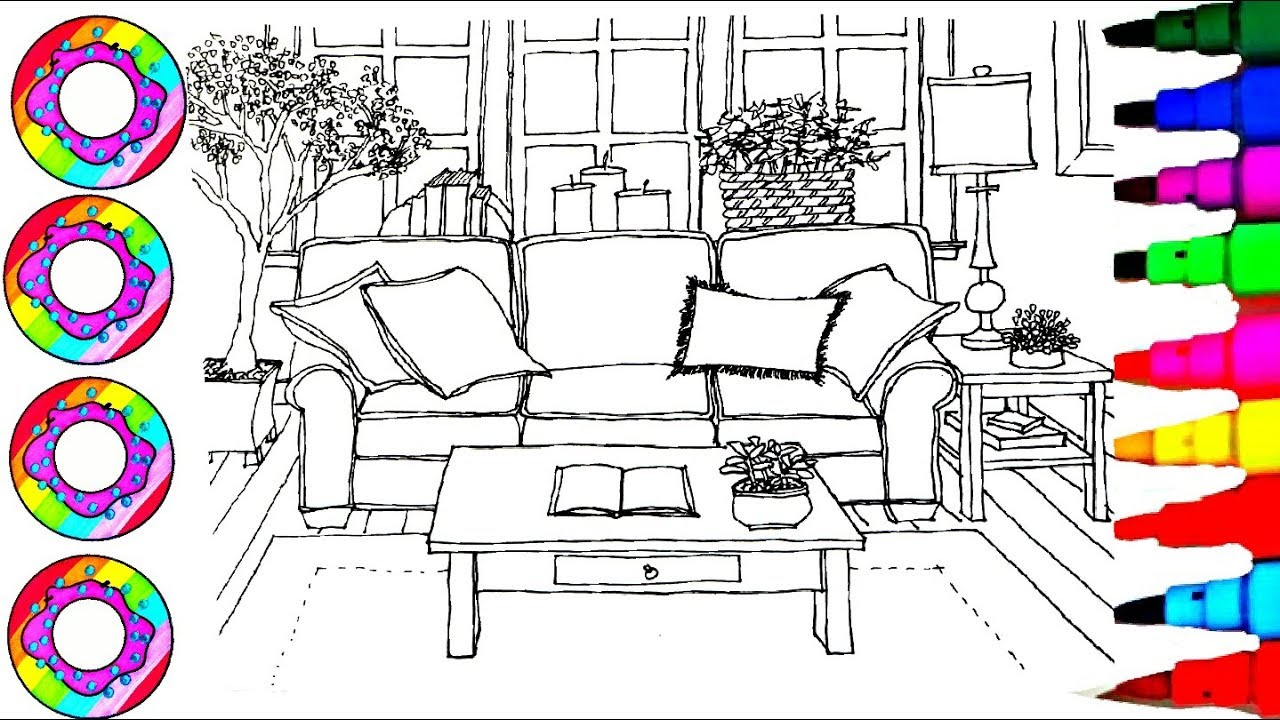 Lounge Coloring Drawings l Living Room Dining Room Library Room Coloring Pages l DB